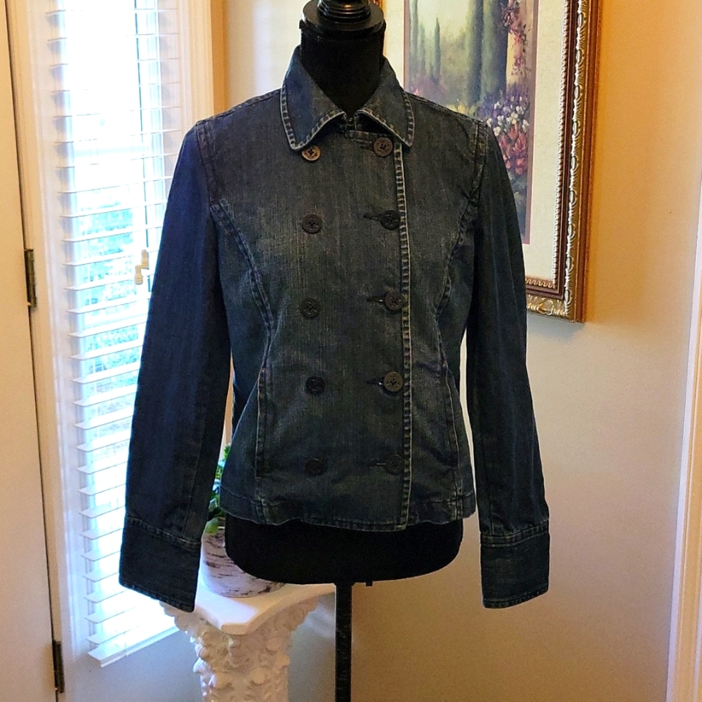 Liz Claiborne double breasted dark denim jeans jacket anchor buttons size 6 EUC…
